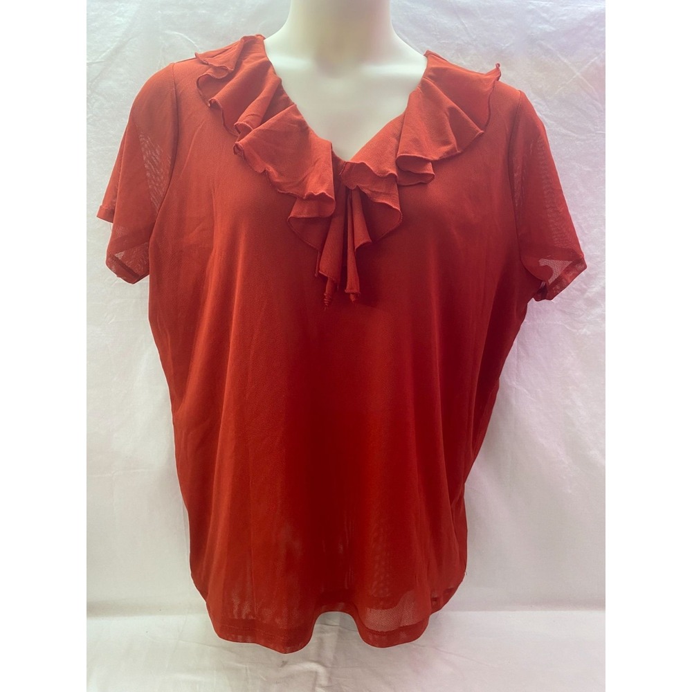 Lauren Ralph Lauren Red Mesh Ruffle V-Neck Short Sleeve Blouse Top 2X